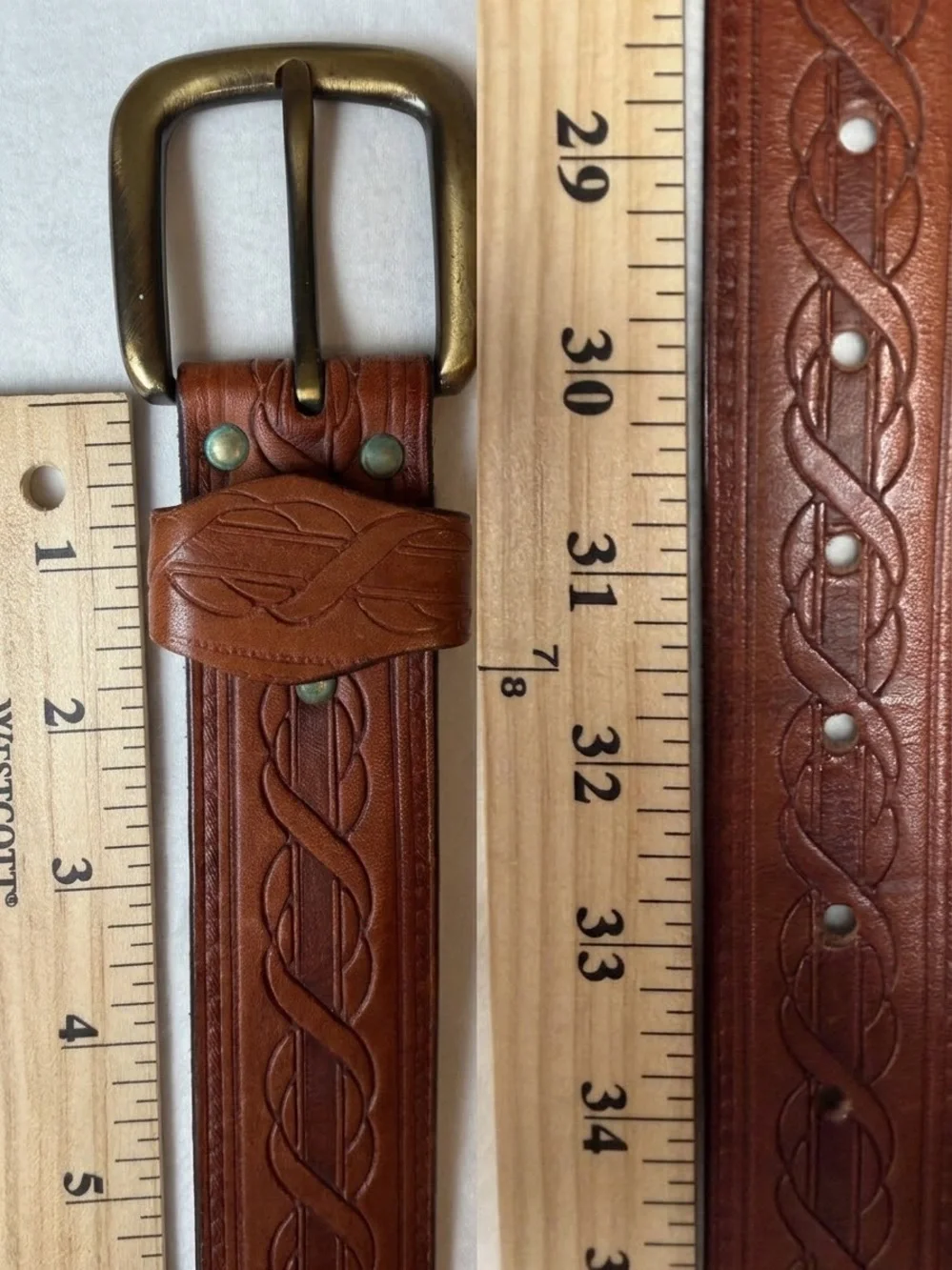 Vintage Hand Tooled Brown Leather Belt Celtic Braid Brass Buckle 29-34”